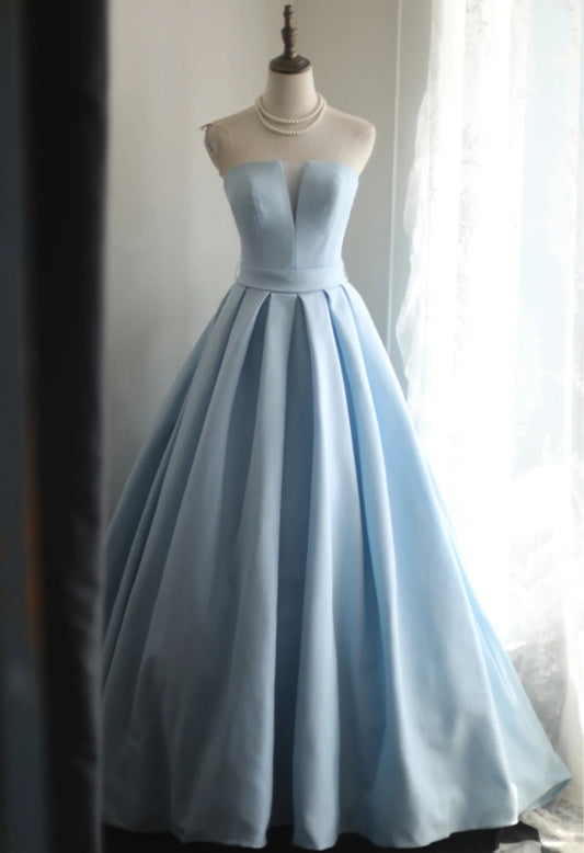 Sweet Sky Blue Strapless A-Line Satin Train Prom Dresses Formal Evening Dresses RF0400