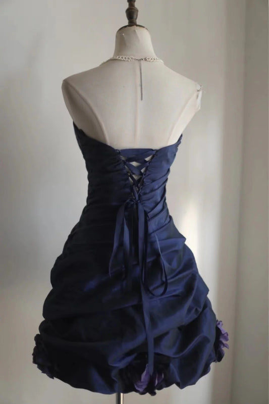Elegantes Marineblaues Satin-Kurzballkleid mit Herzausschnitt und Homecoming-Kleid RF0401