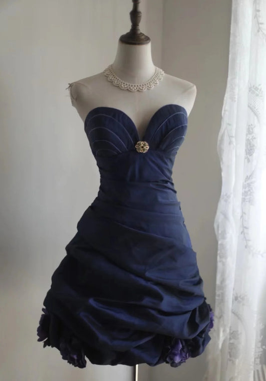Elegantes Marineblaues Satin-Kurzballkleid mit Herzausschnitt und Homecoming-Kleid RF0401