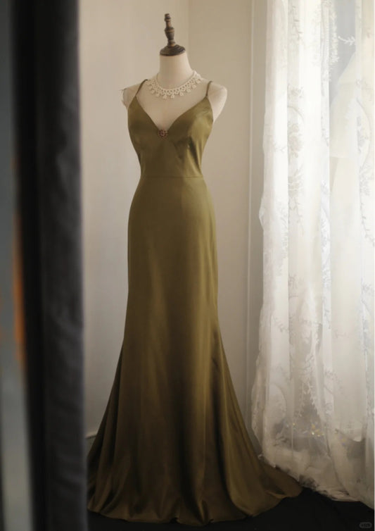 Simple Gray Yellow V-Neck Spaghetti Strap Mermaid Backless Evening Dress RF0402