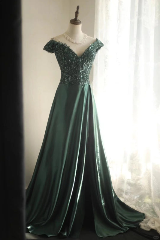 Dark Green Off Shoulder Satin A-Line Long Prom Dresses Formal Evening Dress RF0403