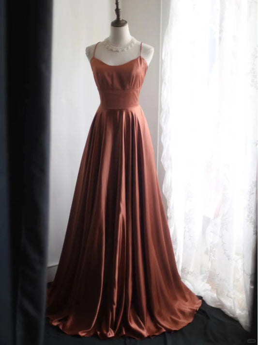 Simple Caramel Spaghetti Straps A-Line Backless Satin Bridesmaids Dress Formal Evening Dress RF0404