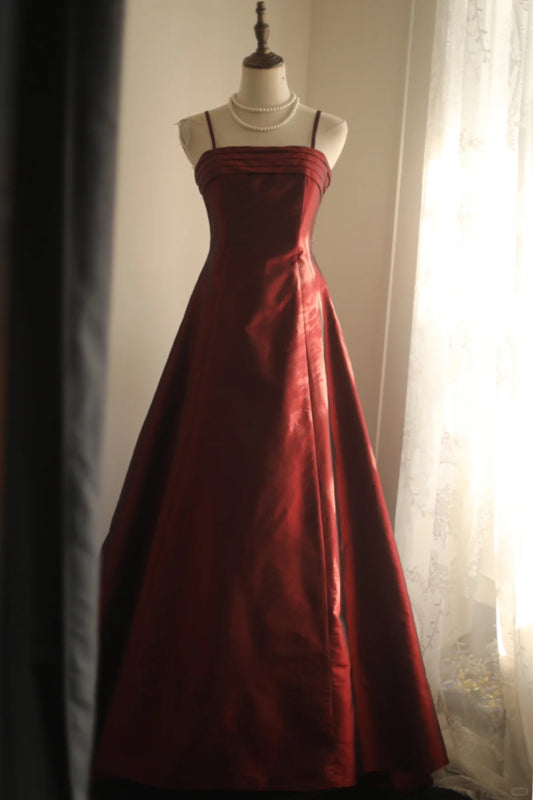 Simple Red Spaghetti Strap Satin A-Line Long Prom Dresses Formal Evening Dress RF0410