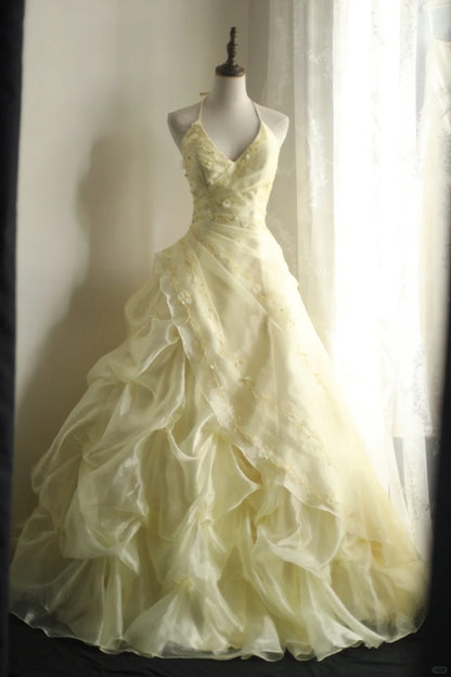Gorgeous Yellow Chiffon Spaghetti Strap A-Line Long Wedding Dress Evening Dress RF0413