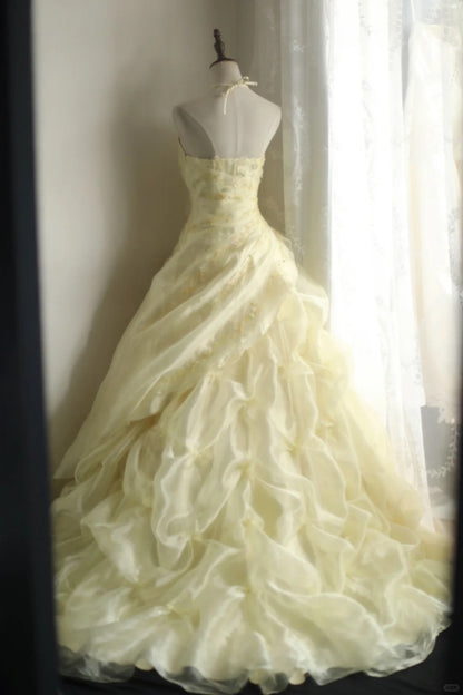 Gorgeous Yellow Chiffon Spaghetti Strap A-Line Long Wedding Dress Evening Dress RF0413