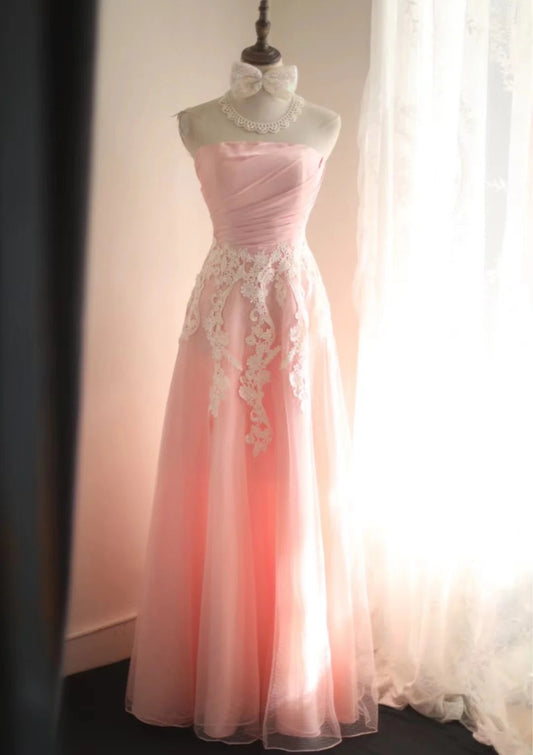 Sweet Pink Satin Lace Strapsless Applique A-Line Evening Dress Wedding Dress RF0414