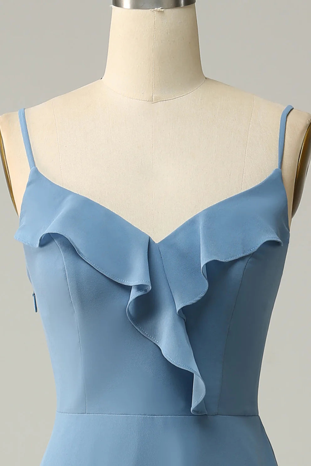 Träger Staubblaues A-Linie Chiffon Brautjungfernkleid mit Rüschen RF0418