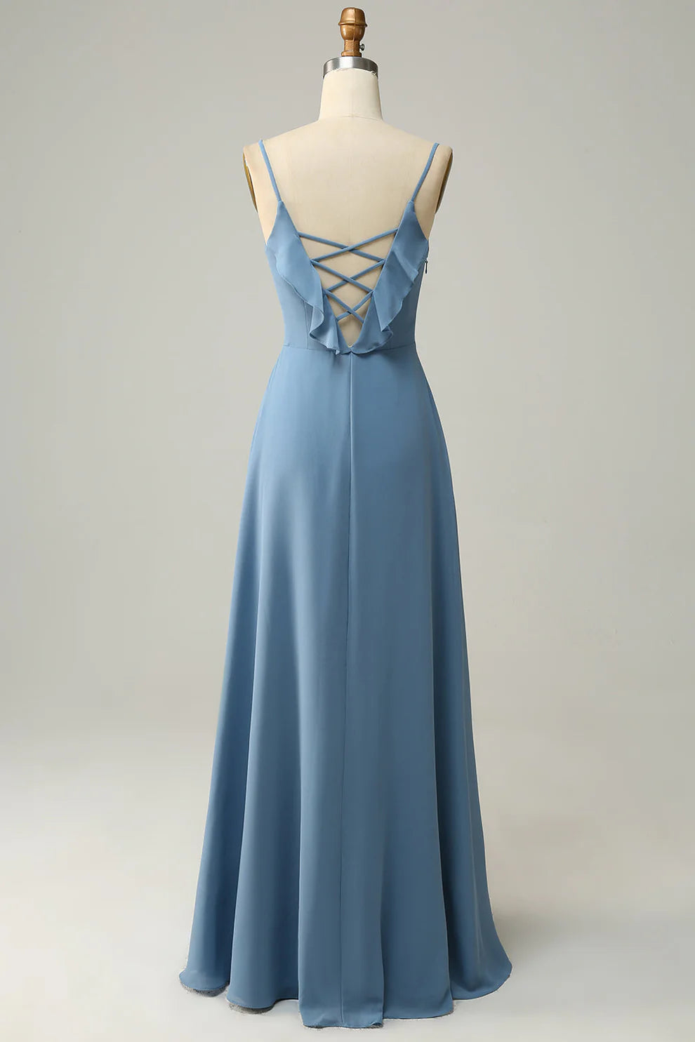 Träger Staubblaues A-Linie Chiffon Brautjungfernkleid mit Rüschen RF0418