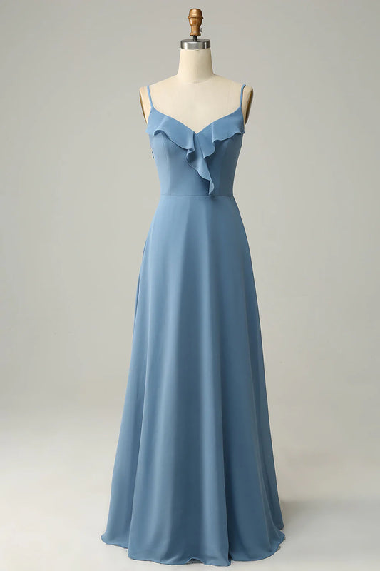 Robe de demoiselle d'honneur trapèze en mousseline bleu poudré à bretelles et volants RF0418