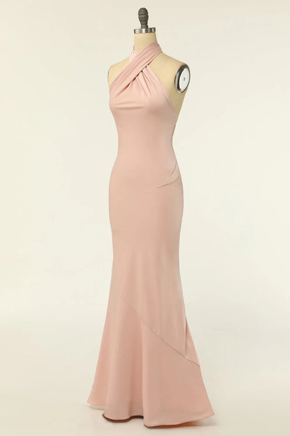 Robe de demoiselle d'honneur longue en satin rose blush, dos nu, style sirène, RF0419