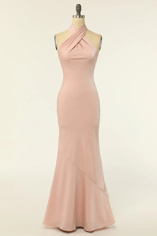Robe de demoiselle d'honneur longue en satin rose blush, dos nu, style sirène, RF0419