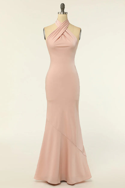 Robe de demoiselle d'honneur longue en satin rose blush, dos nu, style sirène, RF0419