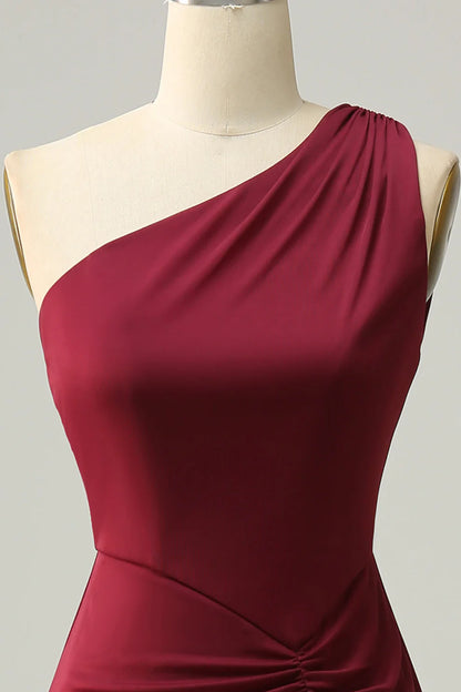 Meerjungfrau One-Shoulder Burgunder Plissee Brautjungfernkleid RF0420