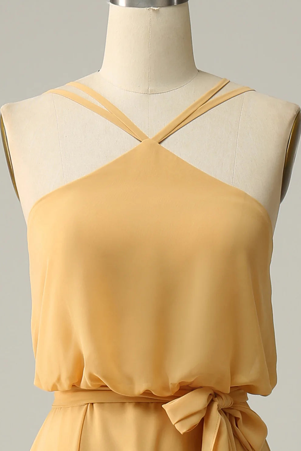 Chiffon Etuikleid Gelb Neckholder Langes Brautjungfernkleid mit Gürtel RF0421