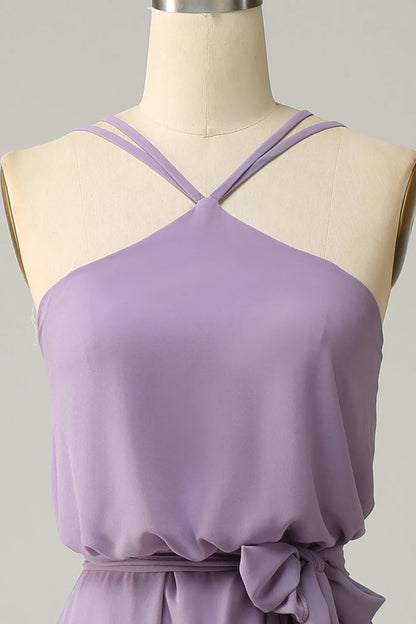 Chiffon Etuikleid Gelb Neckholder Langes Brautjungfernkleid mit Gürtel RF0421