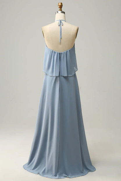 Neckholder Staubblaues Bohemian Chiffon Brautjungfernkleid RF0422