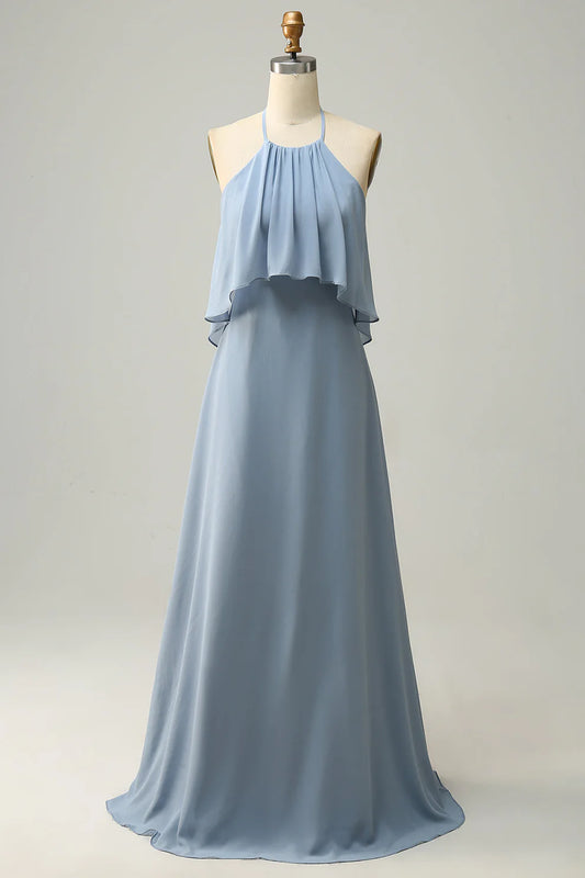 Neckholder Staubblaues Bohemian Chiffon Brautjungfernkleid RF0422