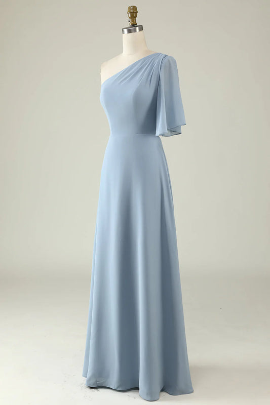Staubblaues One-Shoulder-Chiffon-Brautjungfernkleid RF0423