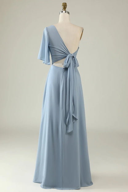 Robe de demoiselle d'honneur en mousseline bleu poudré à une épaule RF0423