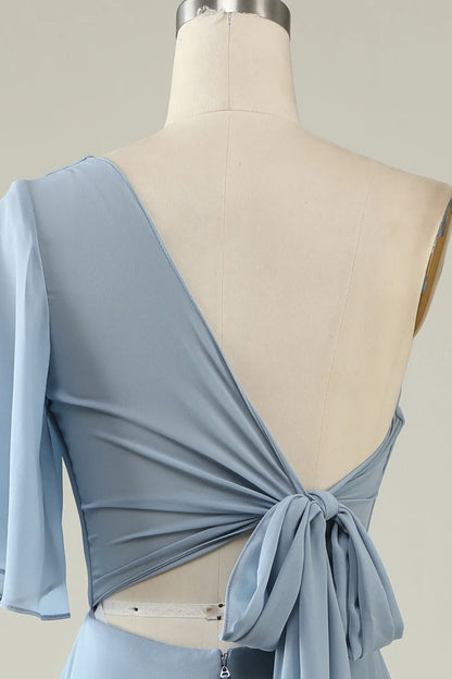 Robe de demoiselle d'honneur en mousseline bleu poudré à une épaule RF0423