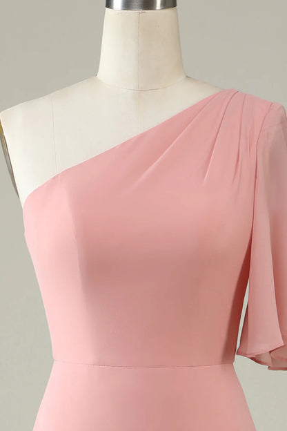 Robe de demoiselle d'honneur en mousseline bleu poudré à une épaule RF0423