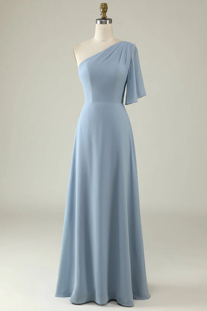 Robe de demoiselle d'honneur en mousseline bleu poudré à une épaule RF0423