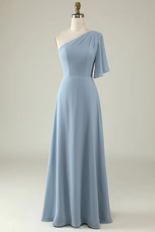 Staubblaues One-Shoulder-Chiffon-Brautjungfernkleid RF0423