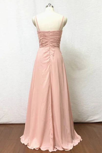 Spaghettiträger Blush Pink Plissee Chiffon Langes Brautjungfernkleid RF0424