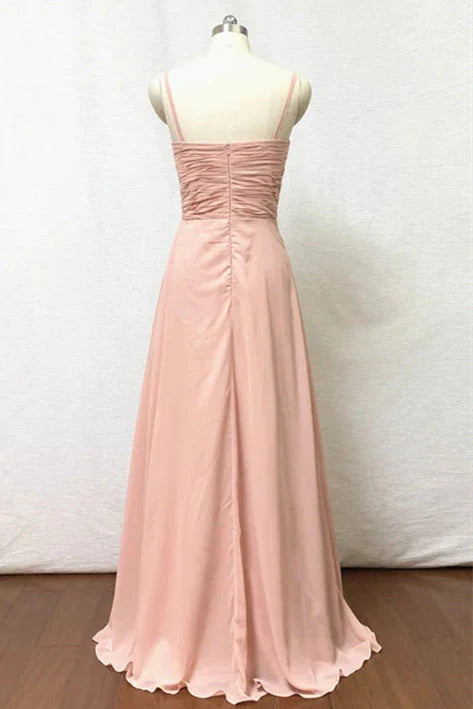 Spaghettiträger Blush Pink Plissee Chiffon Langes Brautjungfernkleid RF0424