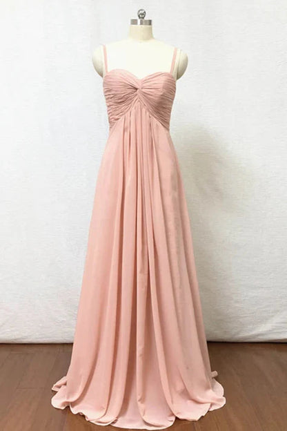 Spaghettiträger Blush Pink Plissee Chiffon Langes Brautjungfernkleid RF0424