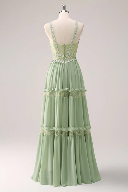 Grünes A-Linien-Brautjungfernkleid mit Spaghettiträgern und Rüschen und Spitze RF0427