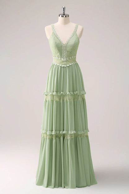 Grünes A-Linien-Brautjungfernkleid mit Spaghettiträgern und Rüschen und Spitze RF0427