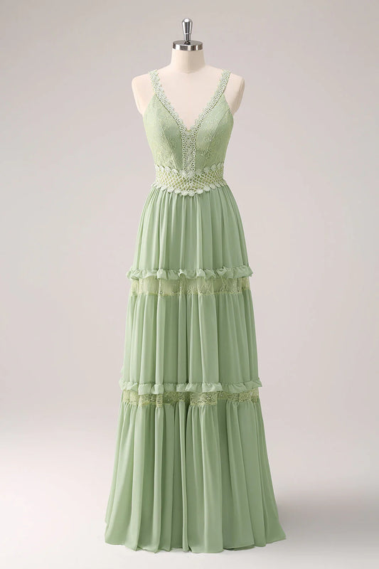 Grünes A-Linien-Brautjungfernkleid mit Spaghettiträgern und Rüschen und Spitze RF0427