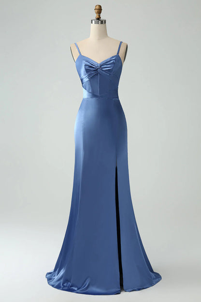 Robe de demoiselle d'honneur longue en satin gris bleu à bretelles spaghetti et fente RF0429