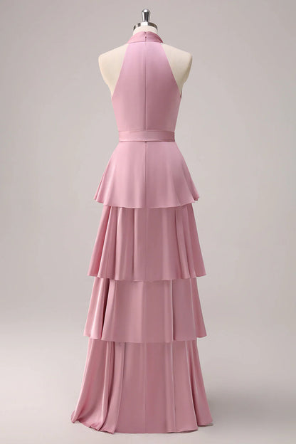 Robe de demoiselle d'honneur rose en satin à volants et ceinture RF0431