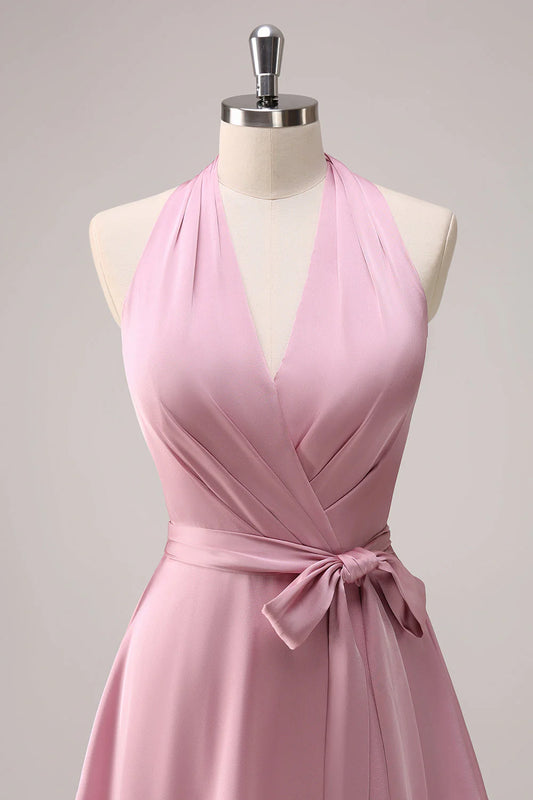Rosa Neckholder-Brautjungfernkleid aus Satin in A-Linie mit Schärpe RF0431