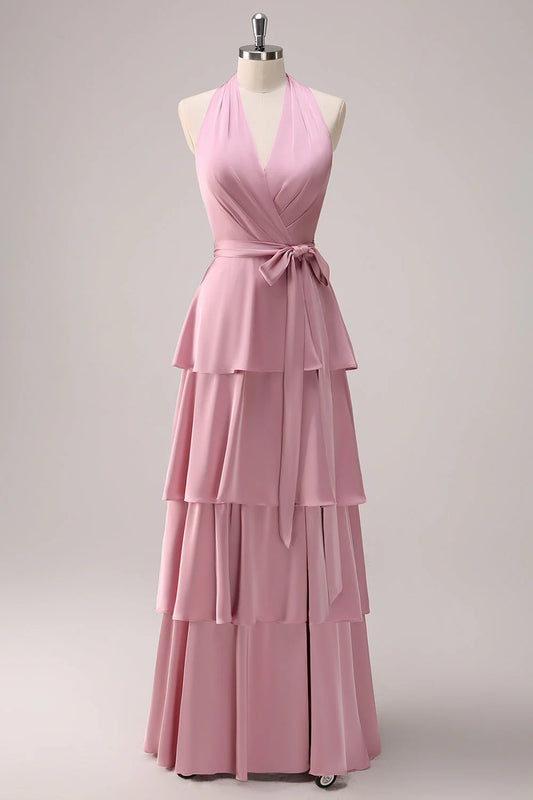 Rosa Neckholder-Brautjungfernkleid aus Satin in A-Linie mit Schärpe RF0431