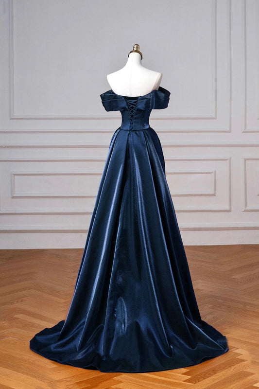 Navy Satin Mermaid Long Prom Dress, Elegant Off the Shoulder Evening Dress RF0433