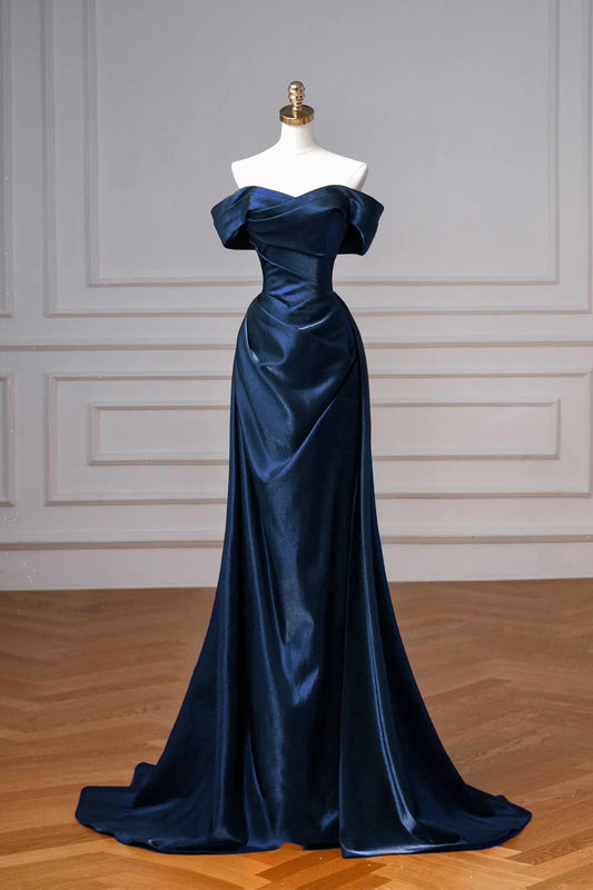 Navy Satin Mermaid Long Prom Dress, Elegant Off the Shoulder Evening Dress RF0433