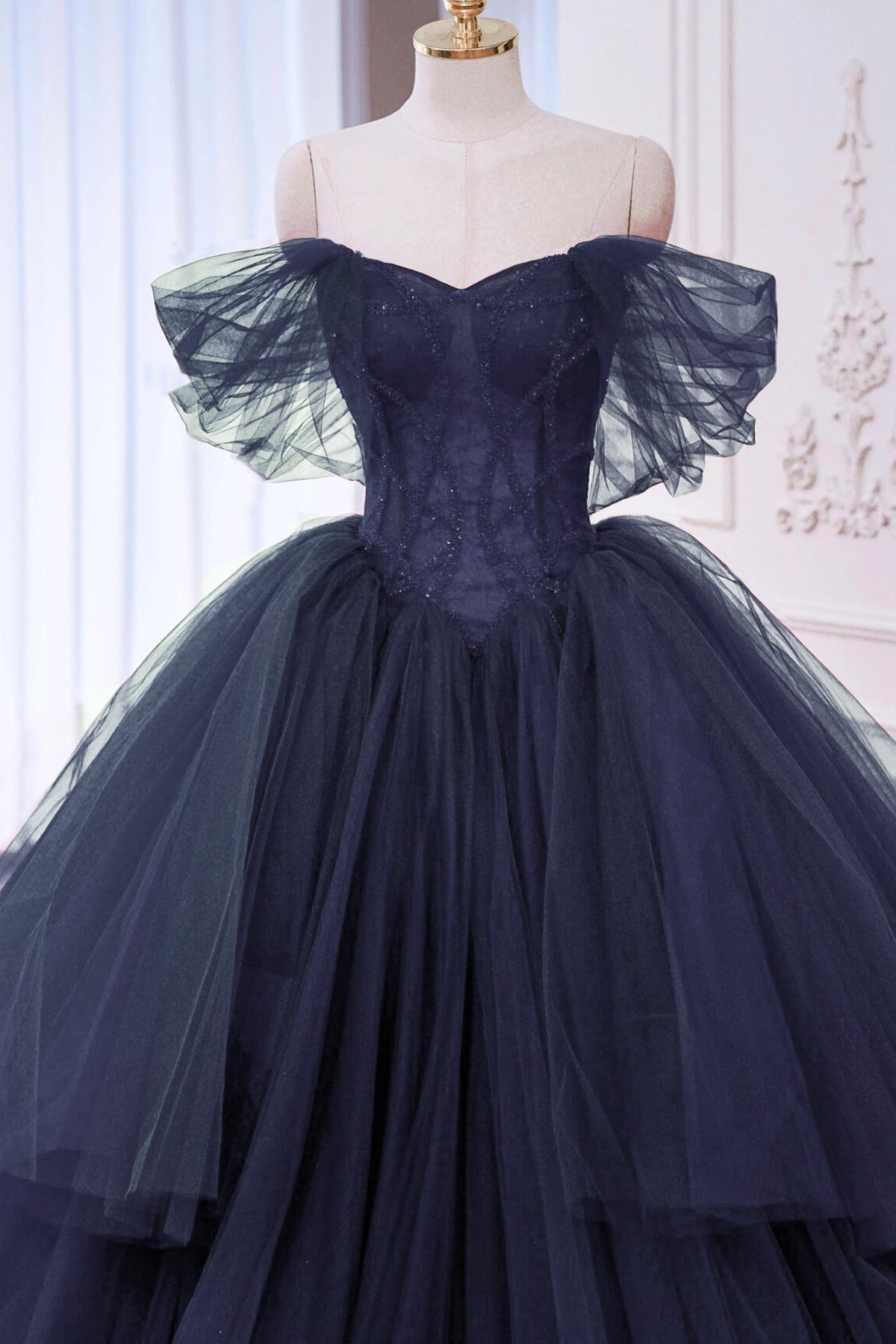 Navy Blue Tulle Beads Long Prom Dress, Elegant A-Line Formal Evening Dress - RF0434