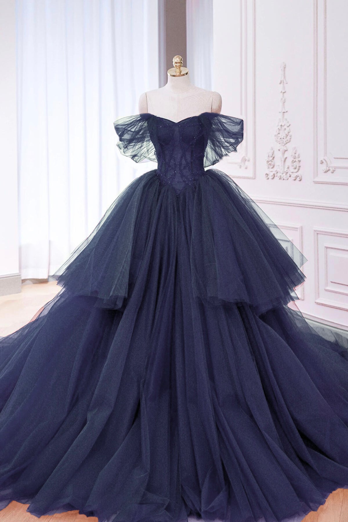 Navy Blue Tulle Beads Long Prom Dress, Elegant A-Line Formal Evening Dress - RF0434