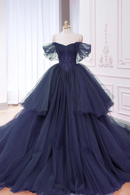 Navy Blue Tulle Beads Long Prom Dress, Elegant A-Line Formal Evening Dress - RF0434