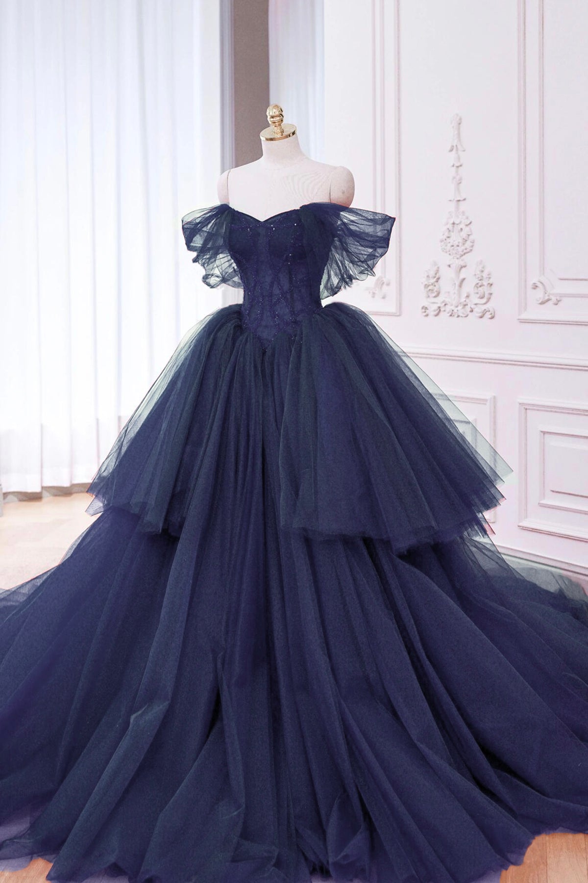 Navy Blue Tulle Beads Long Prom Dress, Elegant A-Line Formal Evening Dress - RF0434