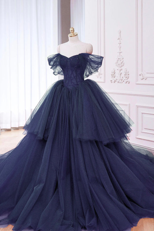 Navy Blue Tulle Beads Long Prom Dress, Elegant A-Line Formal Evening Dress - RF0434