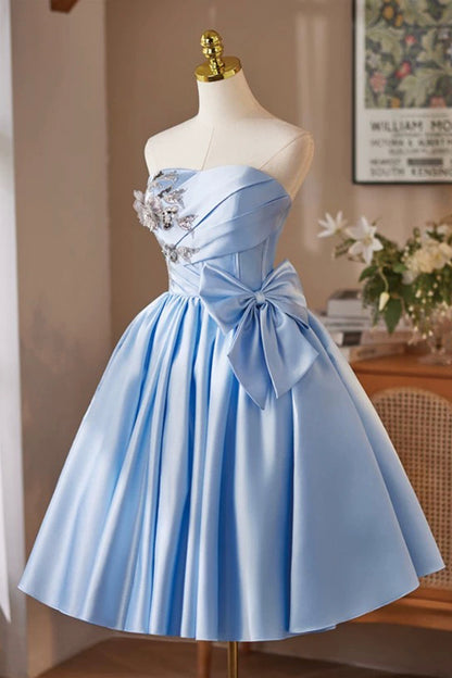 Blue Satin Short A-Line Strapless Prom Evening Dress Homecoming Dresses - RF0435