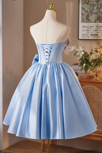 Blue Satin Short A-Line Strapless Prom Evening Dress Homecoming Dresses - RF0435