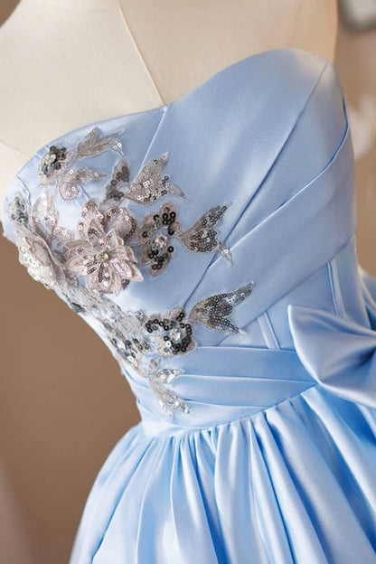 Blue Satin Short A-Line Strapless Prom Evening Dress Homecoming Dresses - RF0435