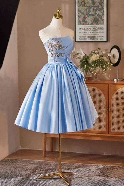 Blue Satin Short A-Line Strapless Prom Evening Dress Homecoming Dresses - RF0435