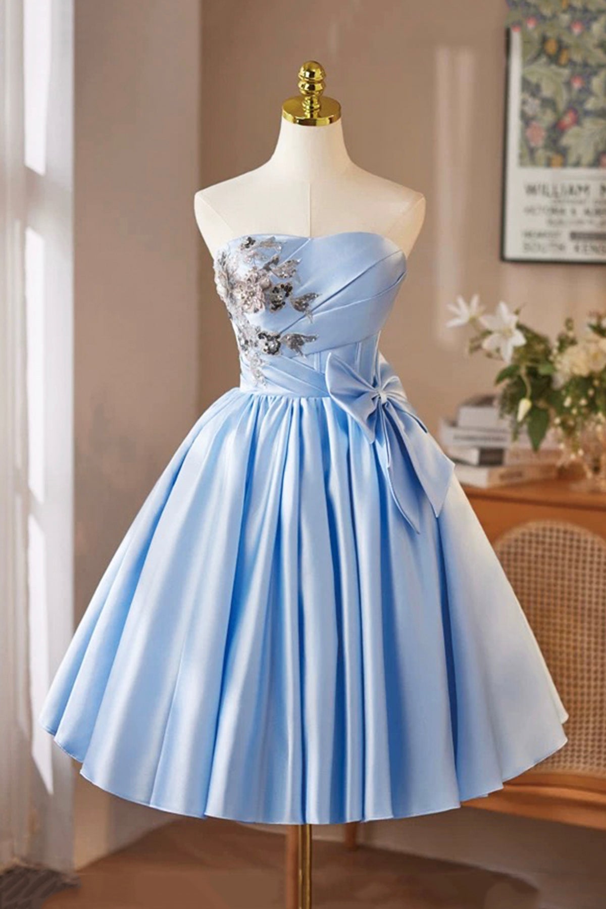 Blue Satin Short A-Line Strapless Prom Evening Dress Homecoming Dresses - RF0435