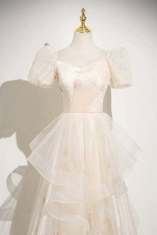 Champagne Tulle Printed Long Prom Dress, Beautiful A-line Evening Dress  - RF0436